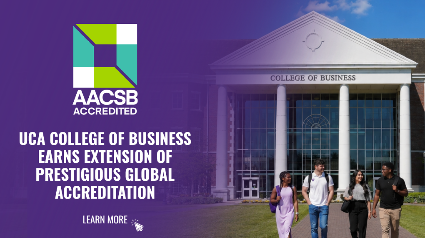 Students in the image walk forward confidently knowing that the UCA College of Business has earned re-accreditation from the prestigious AACSB global accreditation