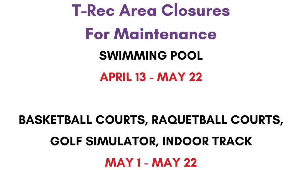 Spring Break Hours | FRIDAY, MARCH 20 6:00 am - 6:00 pm SATURDAY - SUNDAY MARCH 21 - MARCH 22 CLOSED MONDAY - FRIDAY MARCH 23 - MARCH 27 8:00 am - 6:00 pm SATURDAY, MARCH 28 CLOSEDFRIDAY, MARCH 20 6:00 am - 5:30 pm SATURDAY - SUNDAY MARCH 21 - MARCH 22 CLOSED MONDAY - FRIDAY MARCH 23- MARCH 27 10:00 am - 5:30 pm SATURDAY, MARCH 28 CLOSED MONDAY - FRIDAY MARCH 23 - MARCH 27 CLOSED *All Outdoor Equipment checked out from Campus Outdoors on and after Monday, 3/16 will be due back on Monday 3/30. NO Group Exercise during Spring Break Return to Spring hours of operation Sunday, March 30