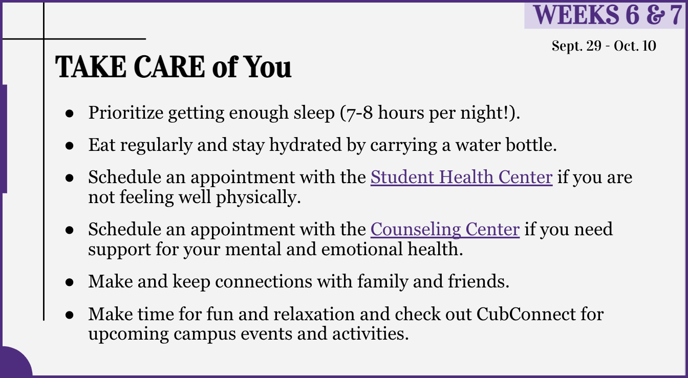 Weeks 6 & 7 slide image: TAKE CARE of YOU