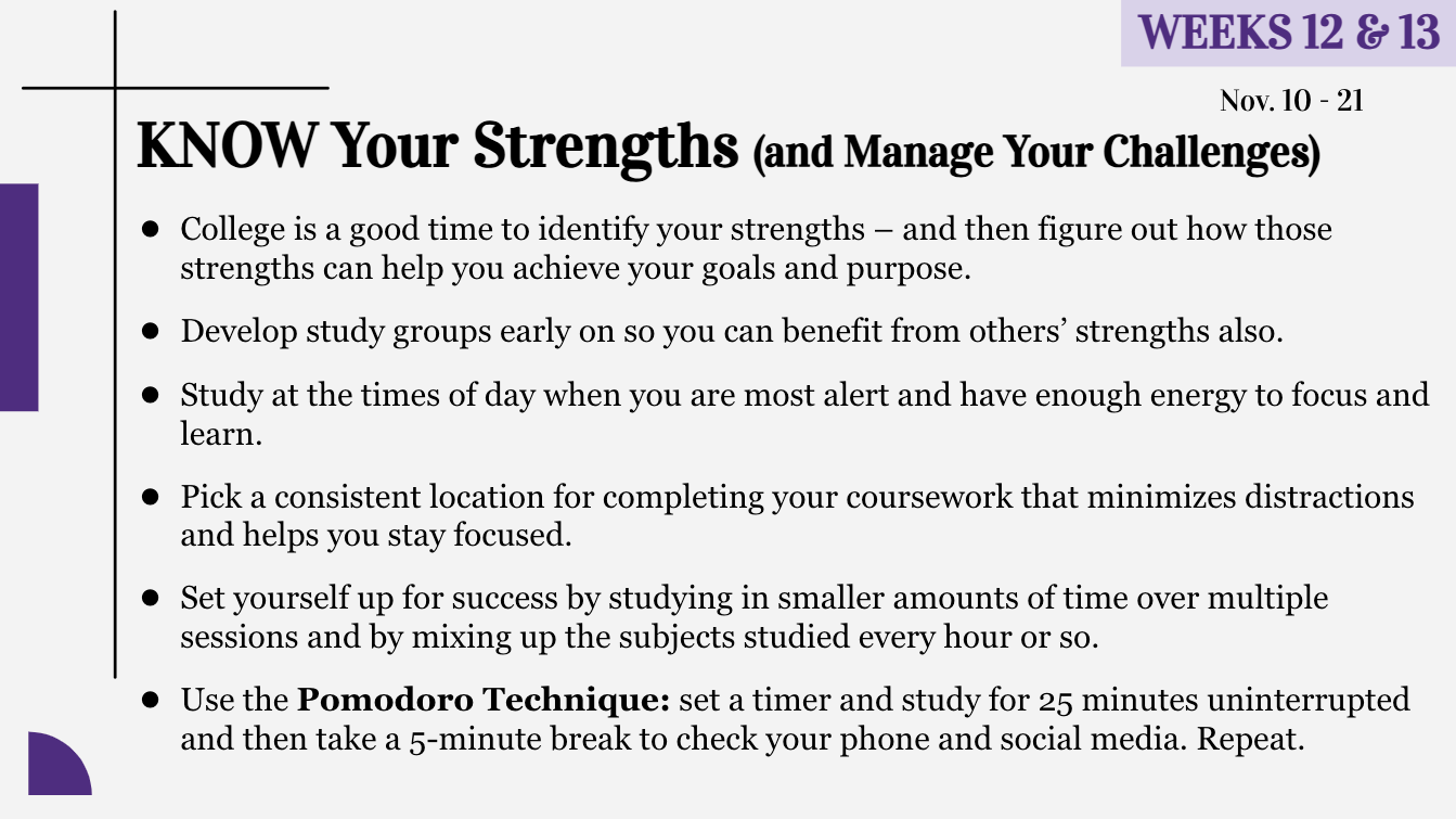 Weeks 12 & 13 Slide to support the faculty for successful student campaign - KNOW Your Strengths.