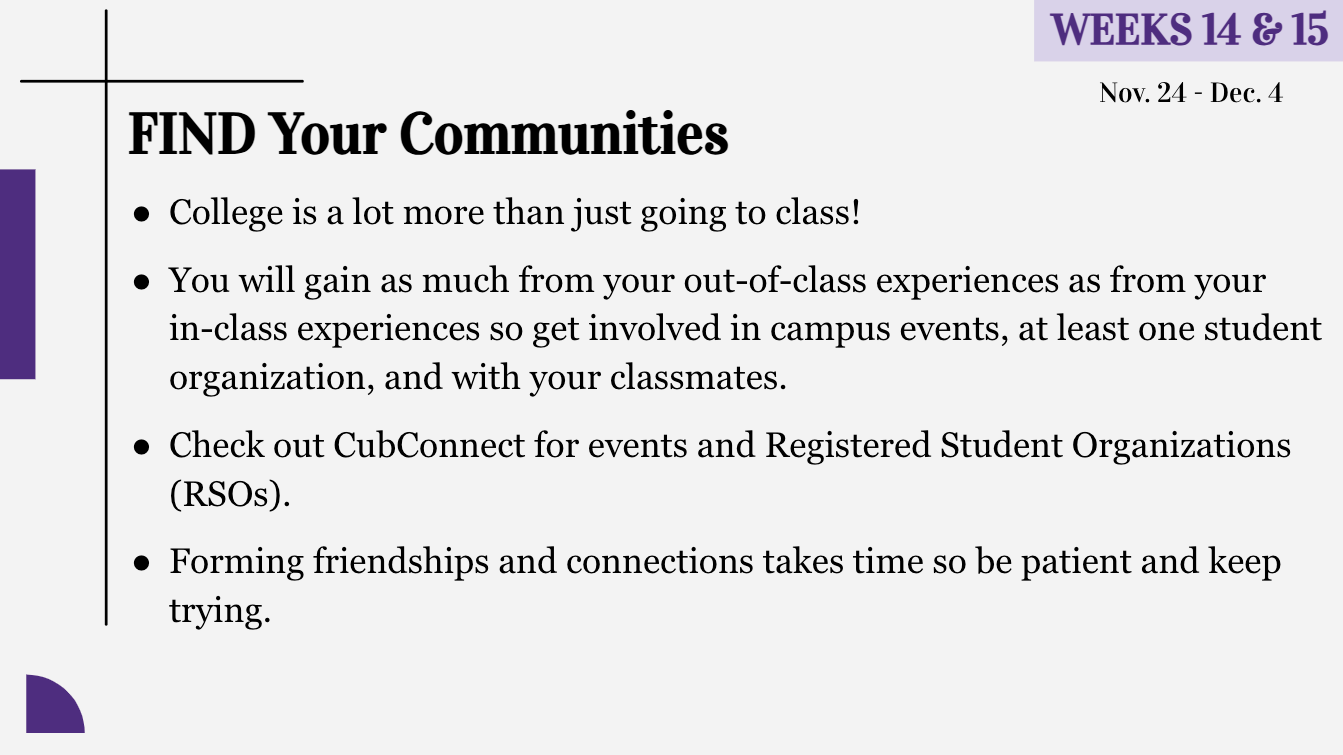 Weeks 14 & 15 Slide to support the faculty for successful student campaign - FIND Your Communities.