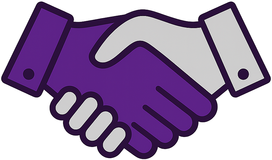 Emoji image of shaking hands in UCA colors purple and gray.