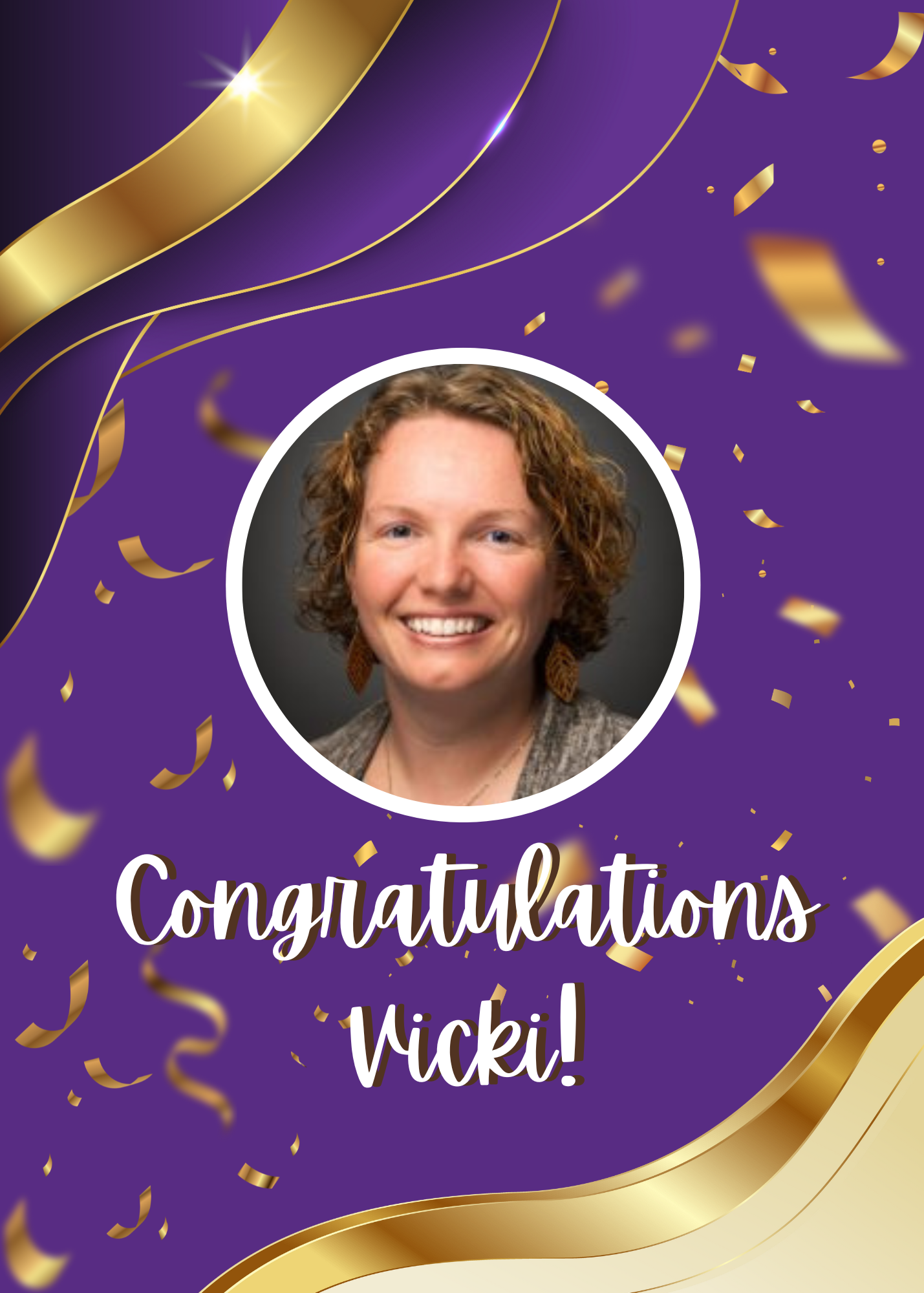 Headshot image of Vicki Parish on a background of purple and gold with text Congratulations Vicki