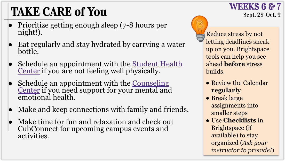 Faculty for Successful Students Weeks 6 and 7 Take Care of You student wellness slide