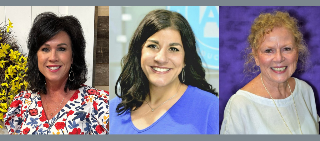 A horizontal photo collage featuring headshots of three smiling women side by side against different backgrounds.