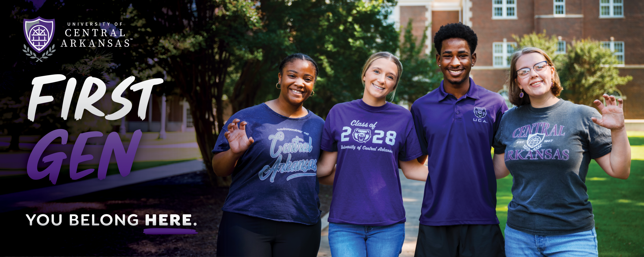 Group of First Generation college students smiling outside at UCA