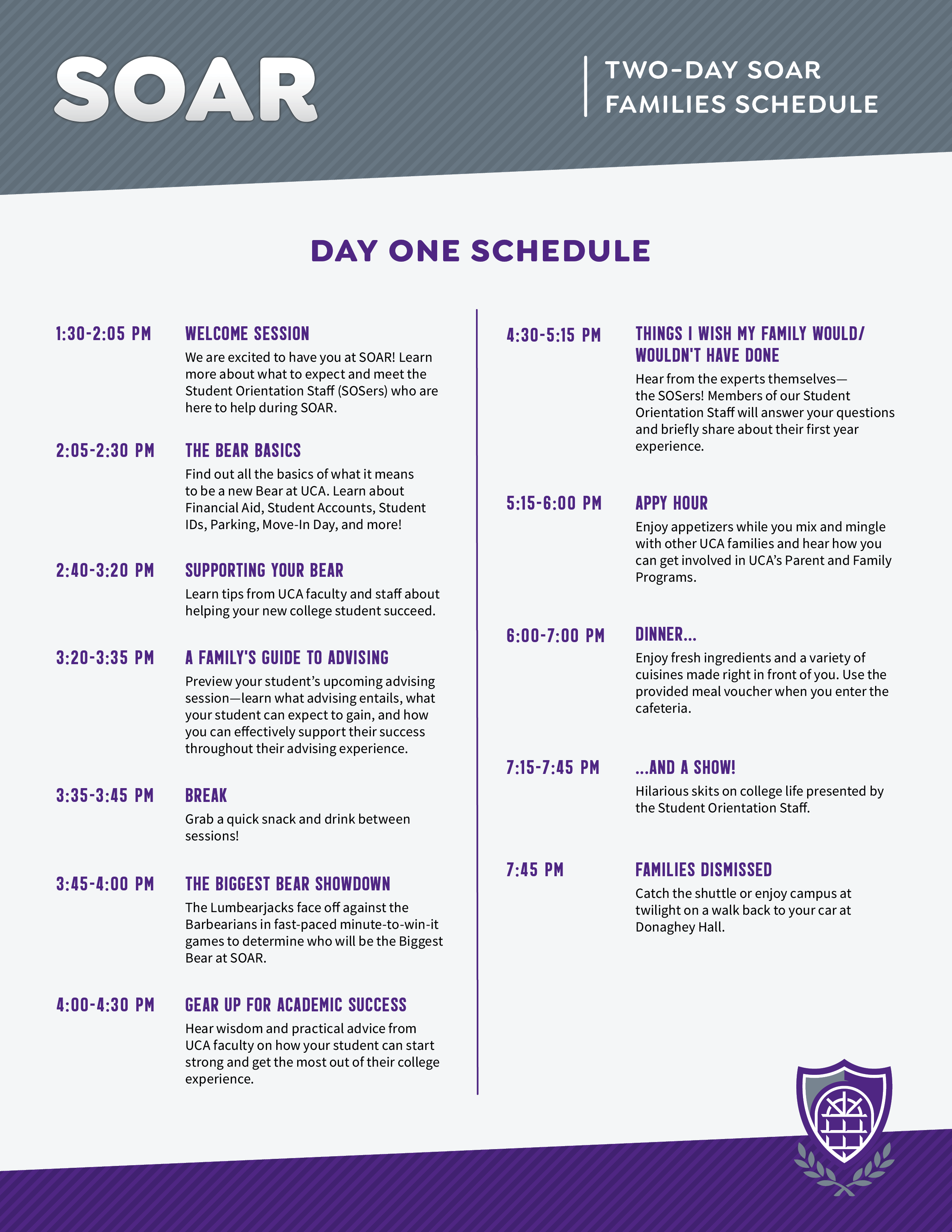 Families Schedule of Day One of 2-Day SOAR Orientation
