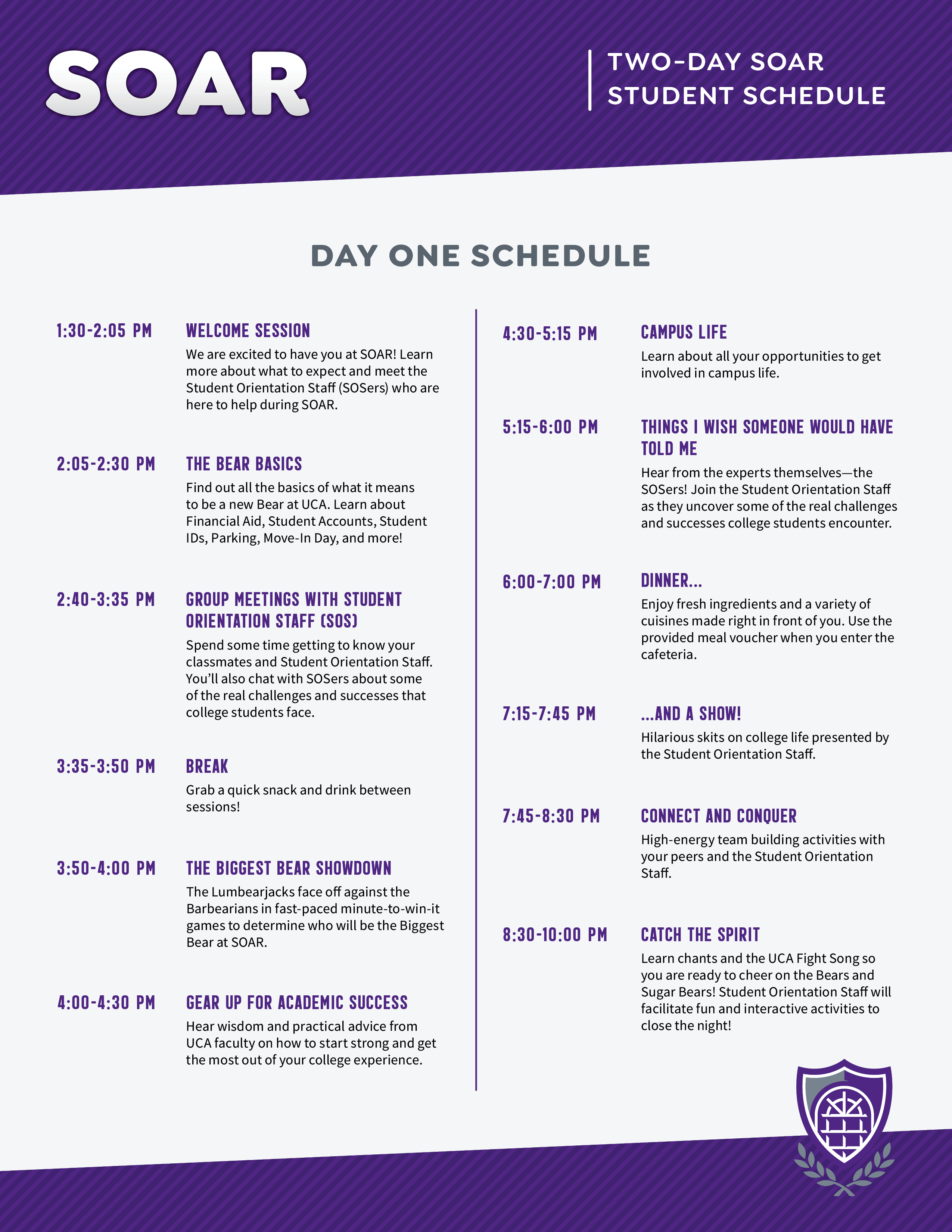 Student Schedule for Day One of 2-Day SOAR Orientation
