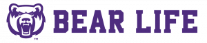 Bear life written in purple with outline of bear head next to it