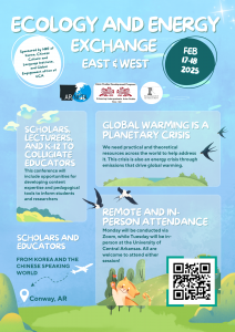 Colorful poster titled "Ecology and Energy Exchange" scheduled for Feb 17-18, 2025, in Conway, AR. It highlights global warming issues and offers attendance options for scholars, lecturers, and educators.