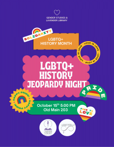Purple poster for LGBTQ+ History Jeopardy Night with rainbow-themed stickers. Event on October 15th, 5 PM, at Old Main 203. Fun and inclusive tone.