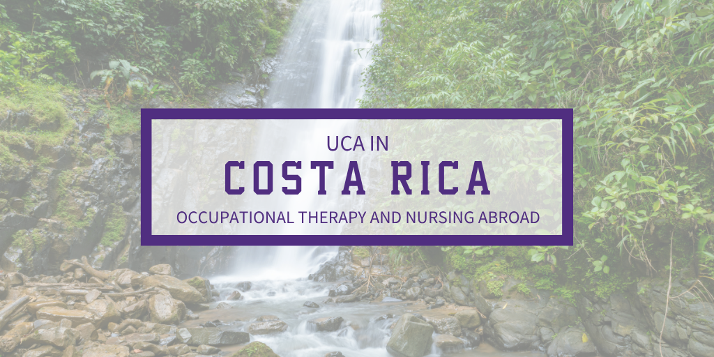 A promotional graphic featuring Arenal Volcano set against a cloudy sky, with a translucent purple-bordered box reading "UCA IN COSTA RICA: OCCUPATIONAL THERAPY & NURSING ABROAD."