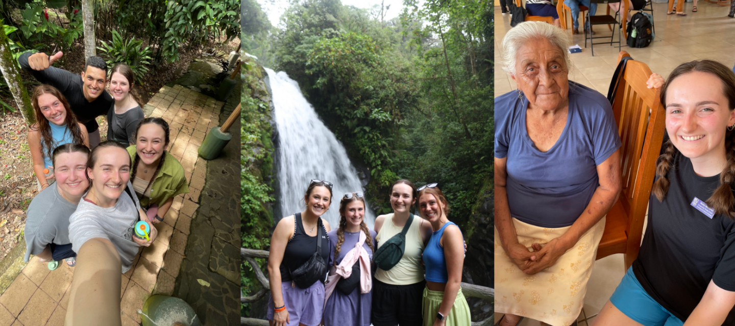 A photo collage featuring three distinct moments from a group travel experience: * **Left Panel:** A top-down selfie of six young adults posing together along a stone pathway outdoors surrounded by lush green foliage. * **Middle Panel:** A group of four young women standing in front of a wooden railing with a tall, rushing waterfall nestled in a dense tropical forest behind them. * **Right Panel:** A young woman smiling next to an older woman sitting in a wooden chair indoors, with other people gathered at tables in the background.