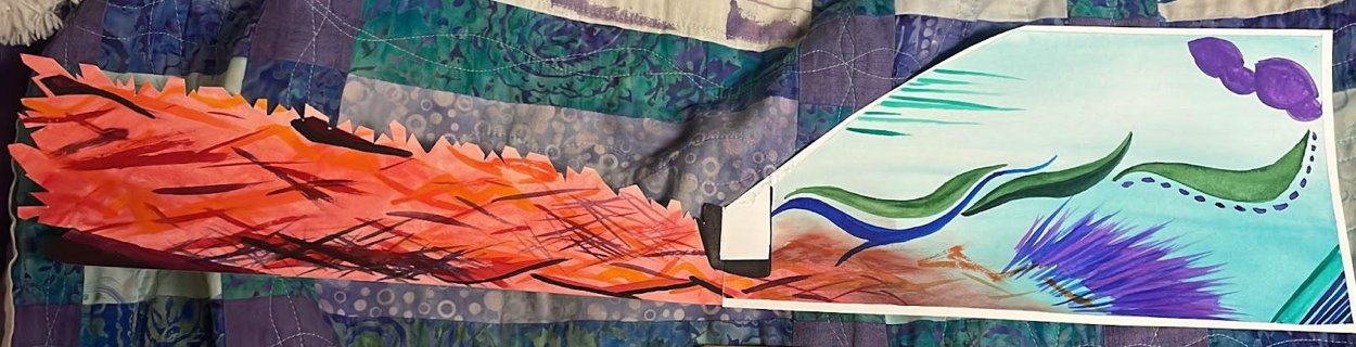 "Chaos to Calm" By: Hannah Dykstra Image Description: Abstract painting (long, thin canvas) with jagged, brightly colored shape on the left side, and calm, wavy image on the right side. 