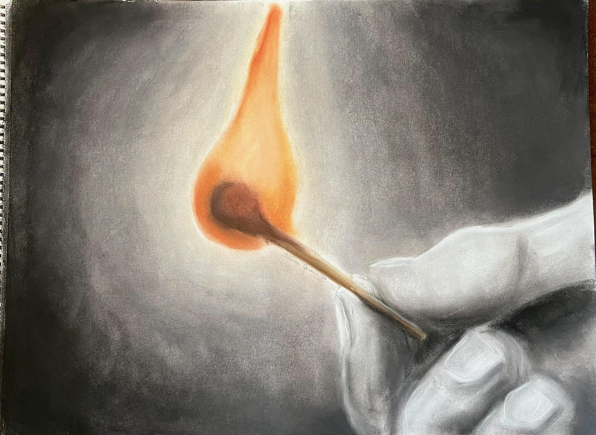 Pictured: "Dwindling Flame," Allison Brown, Piece done with pastels. Image description: Hand grasping lit matchstick between thumb and forefinger. 