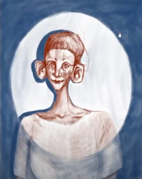 Image Description: An abstract portrait of an emaciated person from the chest up. The figure has large ears, short hair, sharp features. The figure is spotlighted from the shoulders up. 