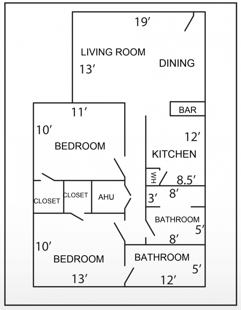 image; floor plan measurements, 10 foot by 11 foot bedroom, 10 foot by 13 foot master bedroom, 13 foot by 19 foot living/dining area, kitchen two bathroom