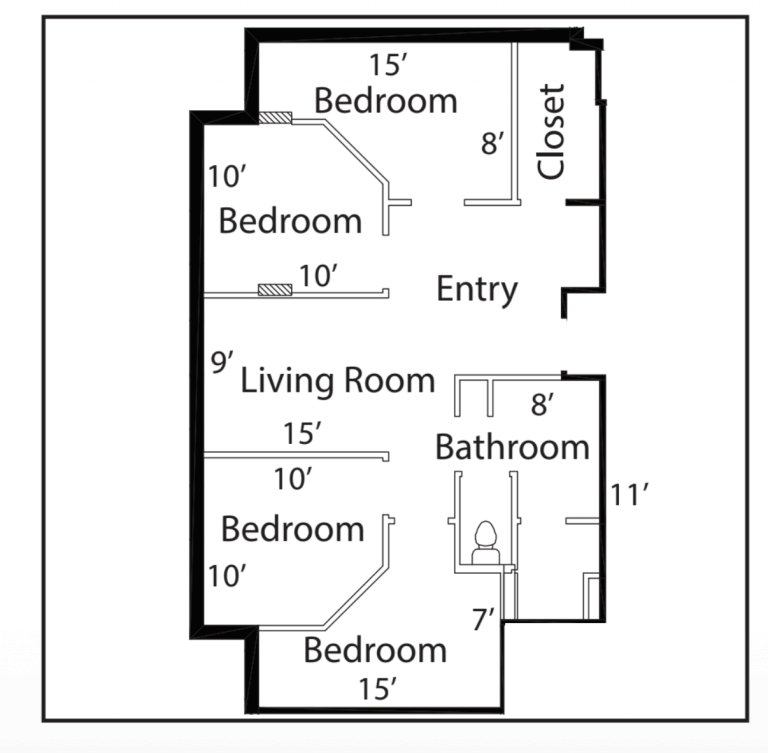 Image; floor plan, four bedrooms, shared bathroom 9 foot by 15 foot living area, two 15 foot by 7 foot bedrooms, two 10 foot by 10 foot bedrooms