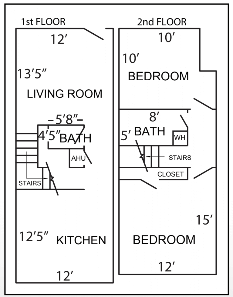 image; floor plan, two story townhome, two bedroom, 10 foot by 10 foot, 12 foot by 15 foot, two bathrooms
