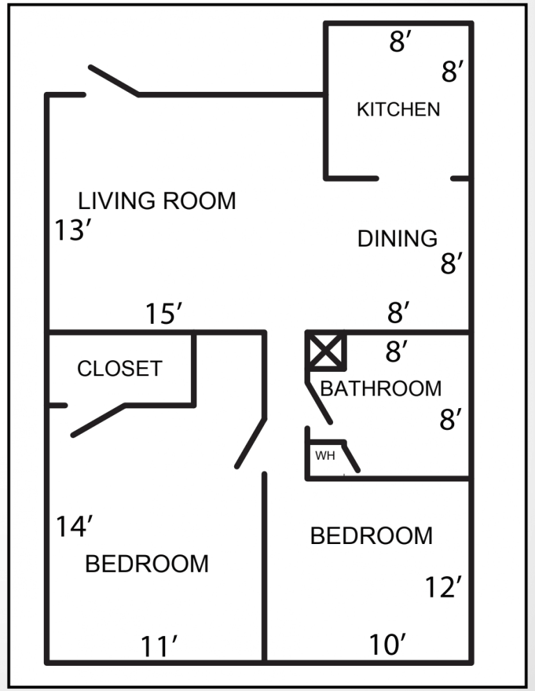 image; floor plan, two bedroom, 14 foot by 11 foot, 10 foot by 12 foot, one bathroom