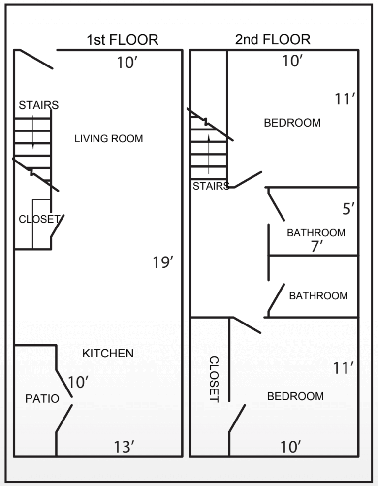 image; floor plan, two floor townhome, two bedroom 10 foot by 11 foot, two bathrooms