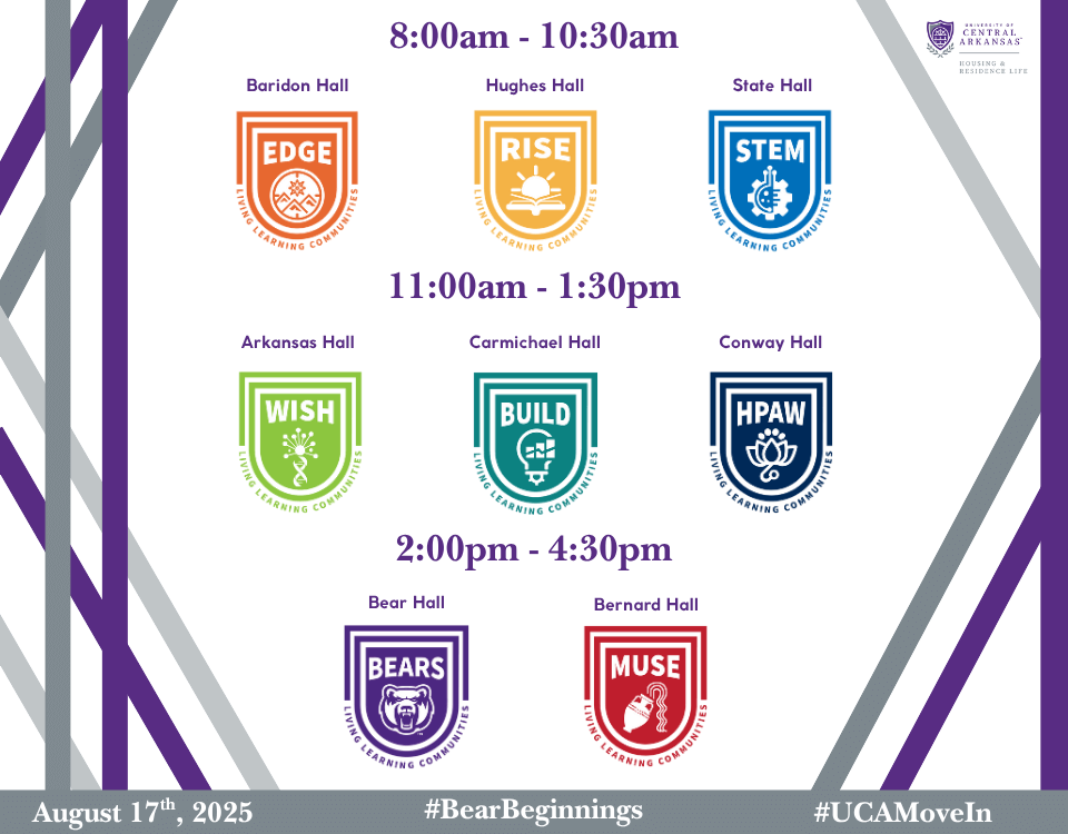 2025 LLC Move In shifts: 8-10:30 Baridon, Hughes, and State - 11-1:30, Carmichael, Conway, & Arkansas - 2-4:30, Bear and Bernard