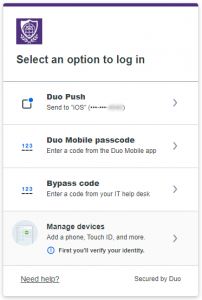 image showing list of options for Duo authentication