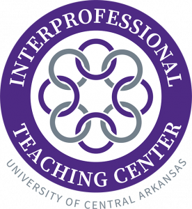 Circular logo for the Interprofessional Teaching Center at the University of Central Arkansas. The design features a purple outer ring with the words “Interprofessional Teaching Center” and “University of Central Arkansas.” In the center, six interlocking curved shapes in purple and gray form a symmetrical pattern representing collaboration and teamwork.