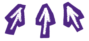 Three hand-drawn white arrows pointing upward, each set against a rough purple background shape, arranged side-by-side. The arrows have a chalk or brushstroke texture and all point toward the top of the image.