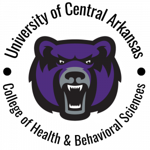 Purple bear head mascot logo with black and gray details, showing an open mouth with teeth and a fierce expression, representing the College of Health & Behavioral Sciences and the University of Central Arkansas Bears.