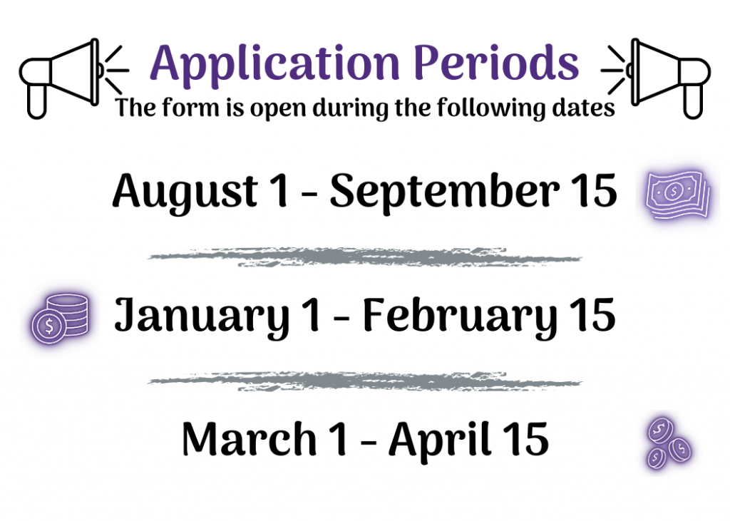 Application periods. The form is open during the following dates August 1 - September 15. January 1 - February 15. March 1 - April 15