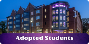 Button showing the Welcome Center on Donaghey Ave. Leads to the adopted student resources.