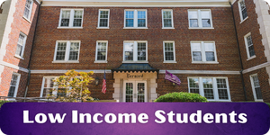 Button showing Bernard Hall. Leads to the low income student resource page