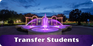 Button showing the Harding Centennial Plaza and fountain. Leads to transfer student resources.