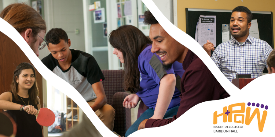 Photo collage of students and faculty associated with HPaW@Baridon Hall. Photos include students studying in the lobby, students playing ping-pong, and the Academic Director, Dr. Allen Thomas, giving a lecture to a class.