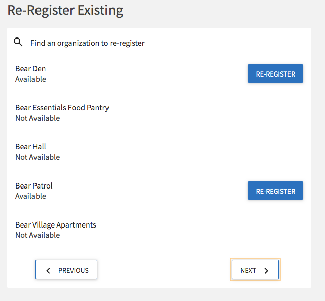 screenshot of re-register page