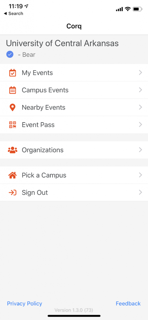 screenshot of CORQ app menu