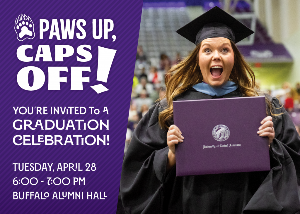 Graphic for Paws Up, Caps Off! An excited female graduates from UCA